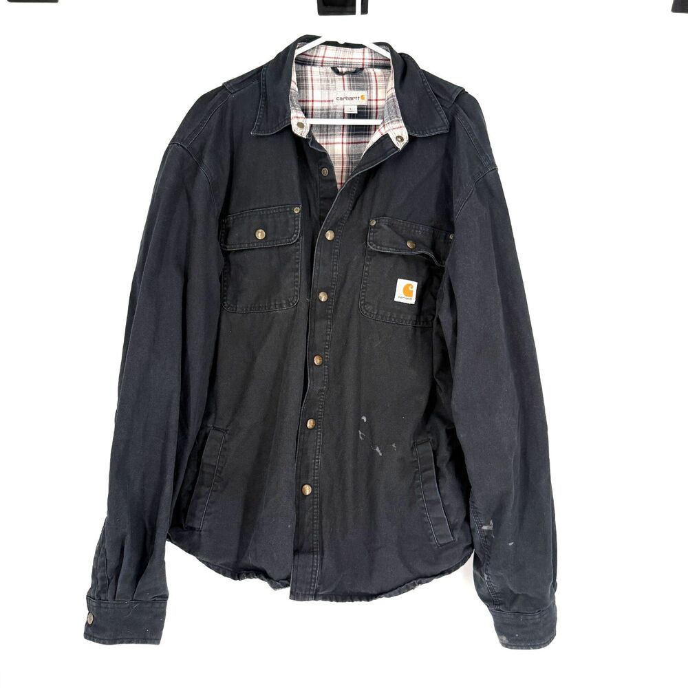 Carhartt Flannel Lined Jacket Black Weathered Canvas Shirt Jac Chore Mens L